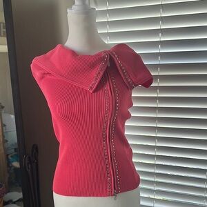 Cache Pink Off-the-Shoulder Sweater Ribbed Knit